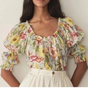DOEN Inez Floral Cotton Voile Puff-Sleeve Peasant Top in Anemone Bloom Small